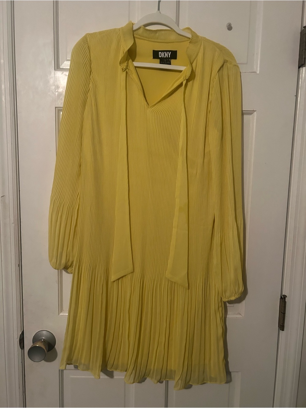 DKNY Yellow Long-Sleeve Pleated Tie-Neck Dress